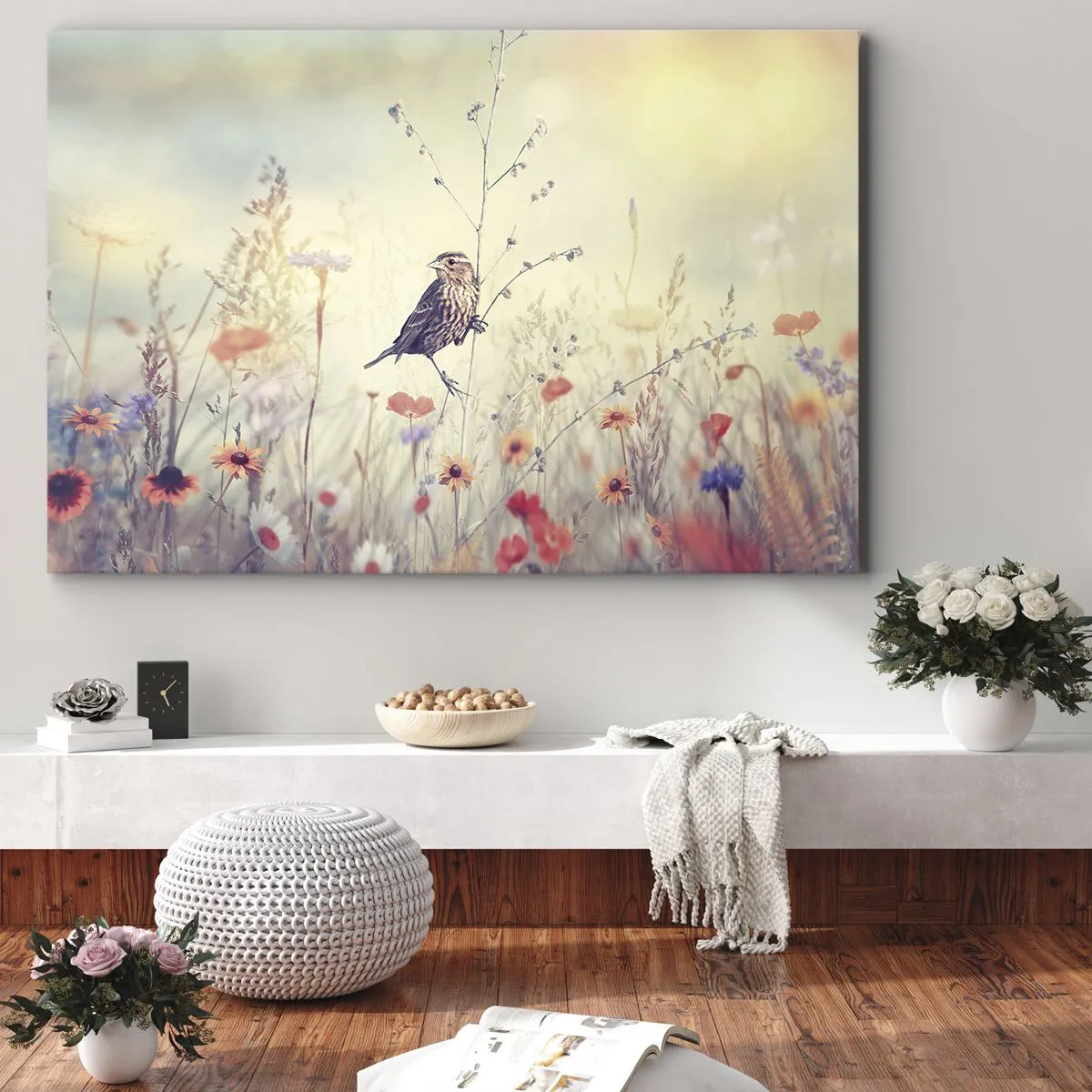Schilderen op canvas - Een vogel tegen de achtergrond van een kleurrijke weide in pastelkleuren - 70x50cm - Vogelportret met een weiland op de achtergrond - Moderne wanddecoratie voor woonkamer en slaapkamer ARTTOR