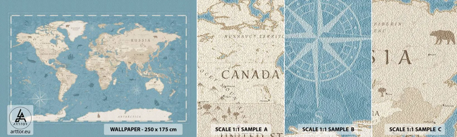 Fotobehang Monster Zelfklevend Deluxe Sticker - De wereld binnen handbereik - Wereldkaart, Vintage, Grunge - 100x30 cm