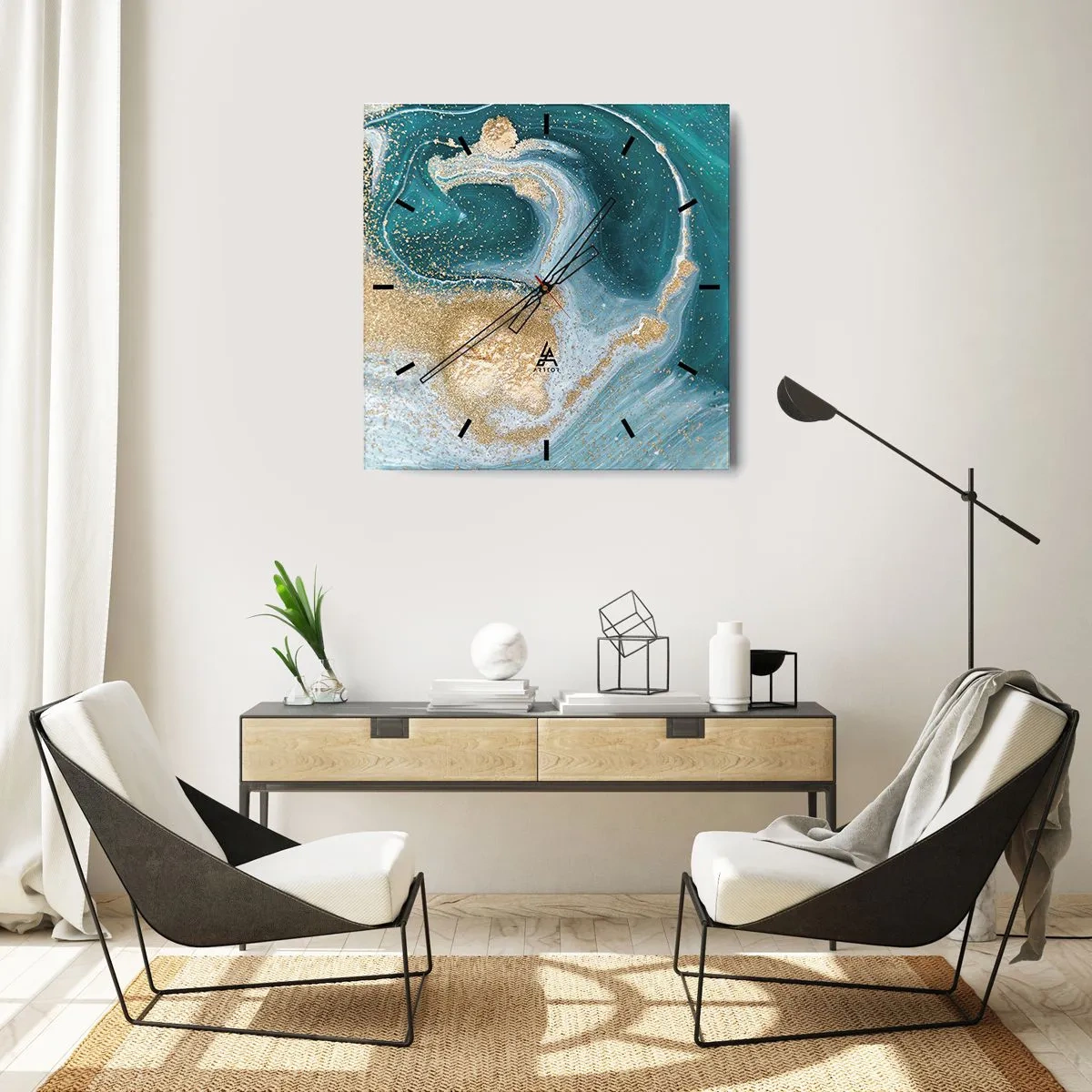 Wandklok - Klok - Een werveling van goud en turkoois - 30x30 cm