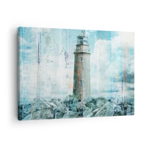 Schilderen op canvas - Een vuurtoren op een rotsachtige kustlijn in pastelkleuren - 70x50cm - Op oud hout - Moderne wanddecoratie voor woonkamer en slaapkamer ARTTOR