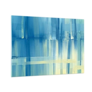 Schilderen op glas - Abstracte penseelstreken in turquoise en geel - 70x50cm - Compositie in turkoois - Moderne wanddecoratie voor woonkamer en slaapkamer ARTTOR