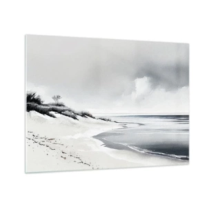 Schilderen op glas - Zwart-wit strand met horizon en kalme zee - 70x50cm - Voor altijd samen - Moderne wanddecoratie voor woonkamer en slaapkamer ARTTOR