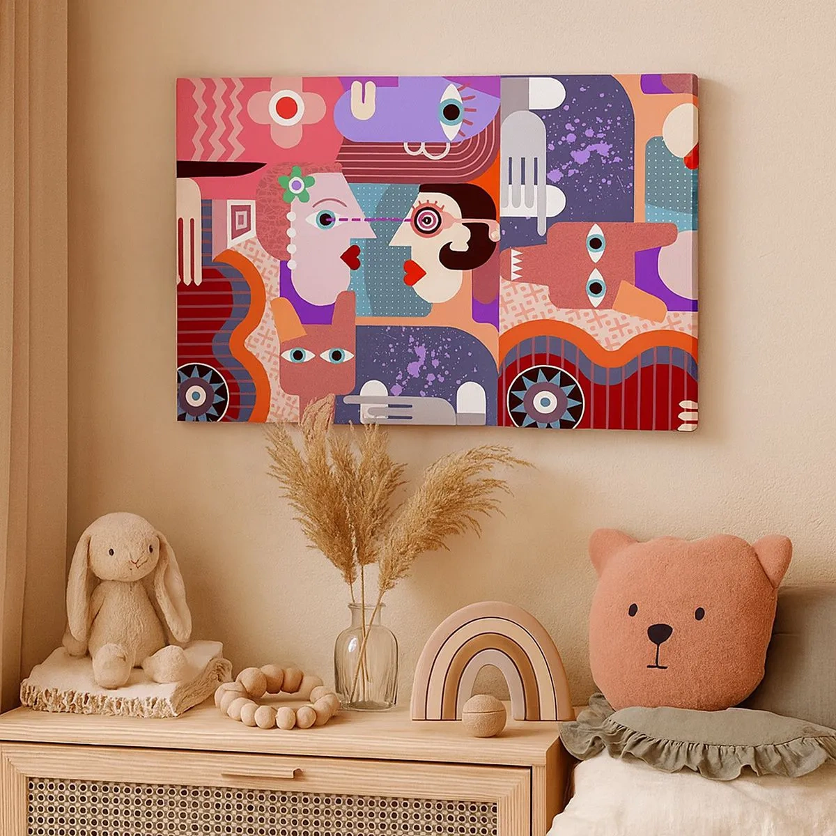 Schilderen op canvas - Abstracte figuren in levendige kleuren - 70x50cm - Oog in oog - Moderne wanddecoratie voor woonkamer en slaapkamer ARTTOR