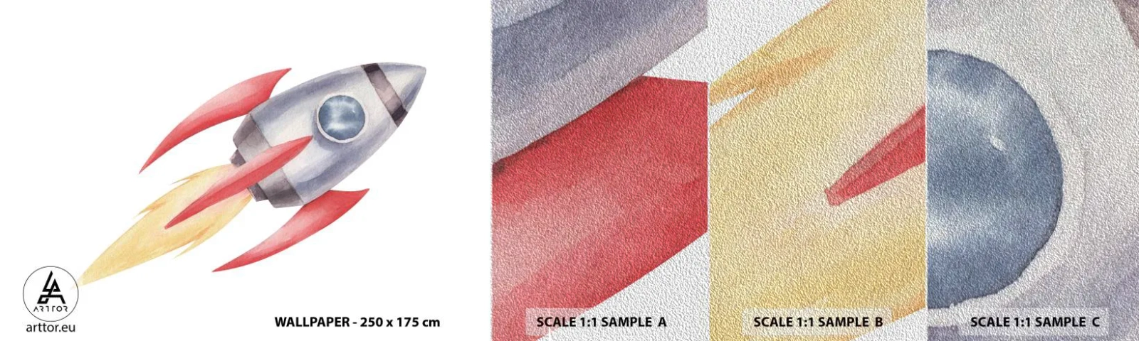 Fotobehang Monster Premium Sand - Hoger, sneller, verder - Een ruimteraket, Kinderen, Kosmos - 100x30 cm