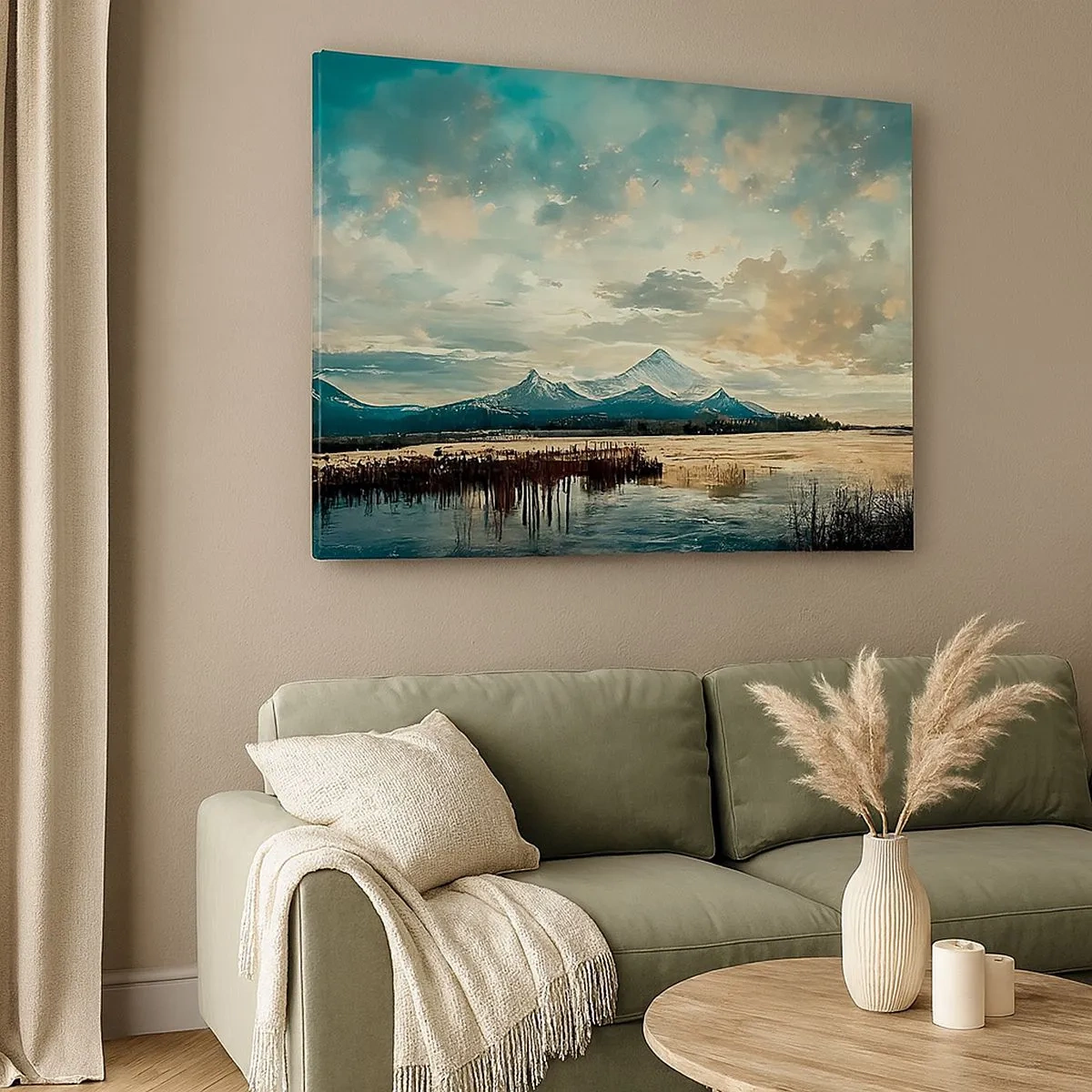 Schilderen op canvas - Een schilderachtig landschap met een berg en een kalm meer - 70x50cm - Onder bescherming van de hemel - Moderne wanddecoratie voor woonkamer en slaapkamer ARTTOR