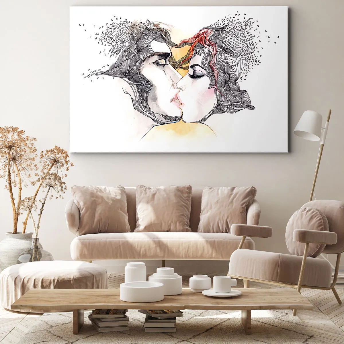 Schilderen op canvas - Artistiek portret van een koppel met abstracte haarmotieven - 70x50cm - De wereld bestaat niet - Moderne wanddecoratie voor woonkamer en slaapkamer ARTTOR
