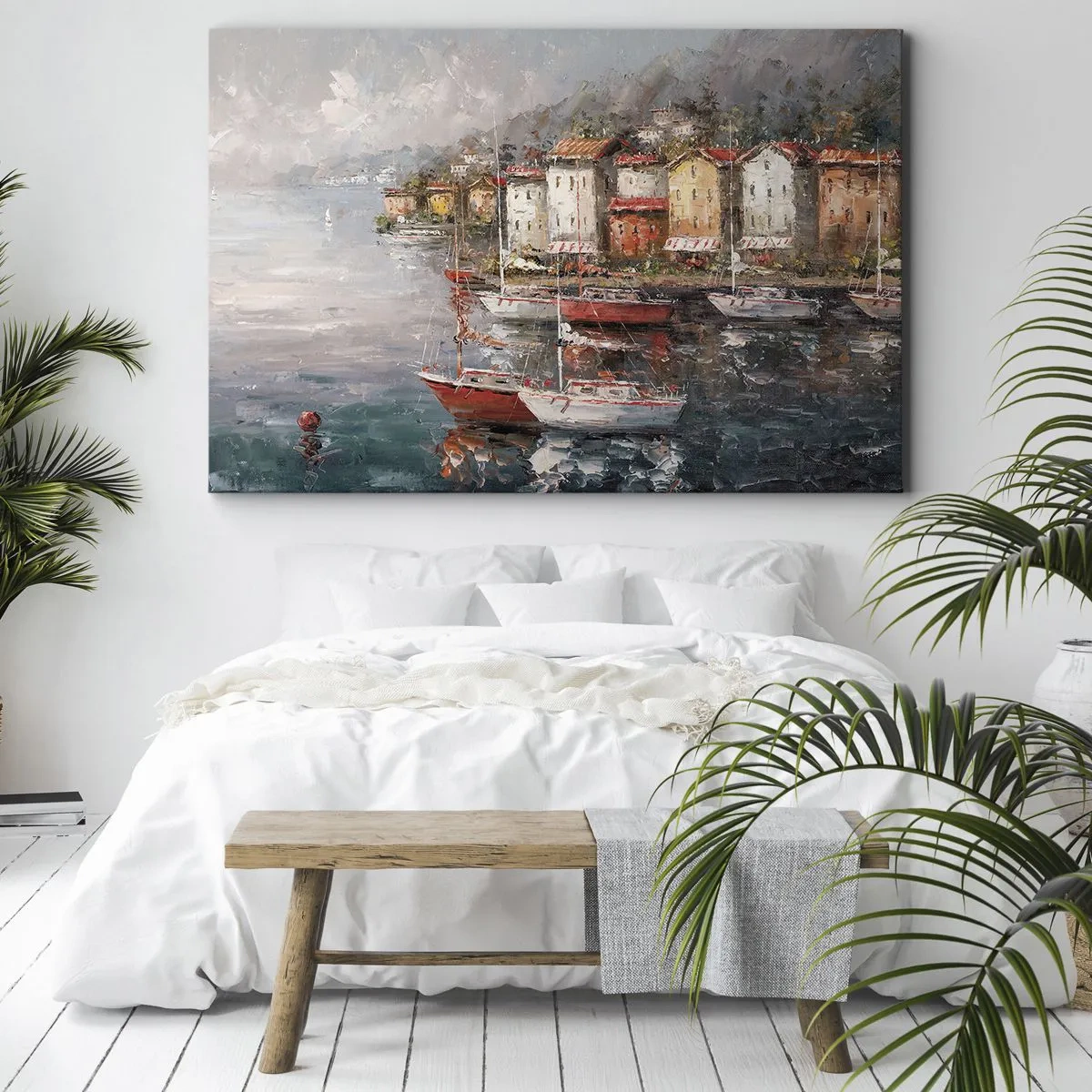 Schilderen op canvas - Zeegezicht met boten en kleurrijke huizen - 70x50cm - Romantisch toevluchtsoord - Moderne wanddecoratie voor woonkamer en slaapkamer ARTTOR