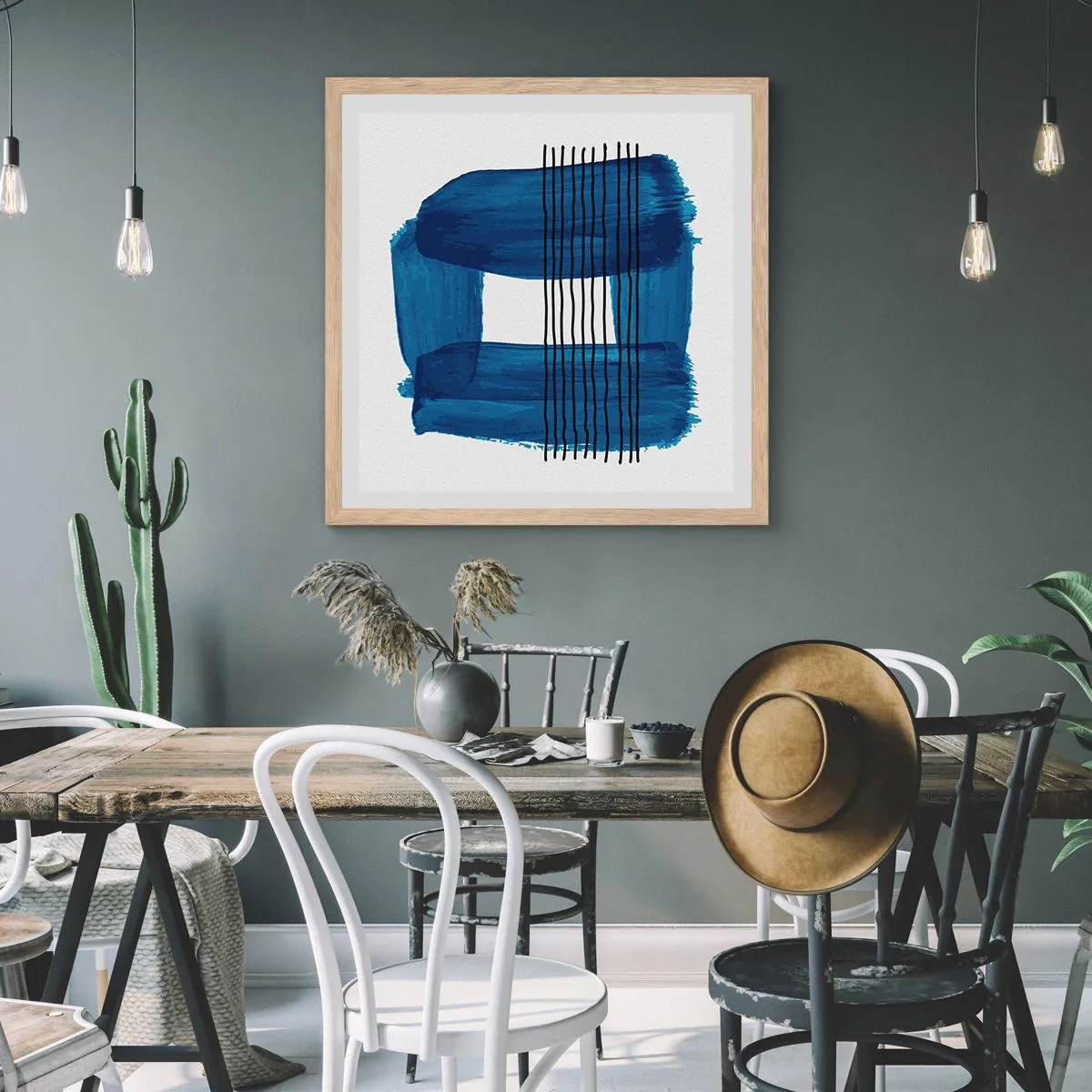 Een poster in een licht eiken lijst - Blauwe en zwarte compositie - 60x60 cm