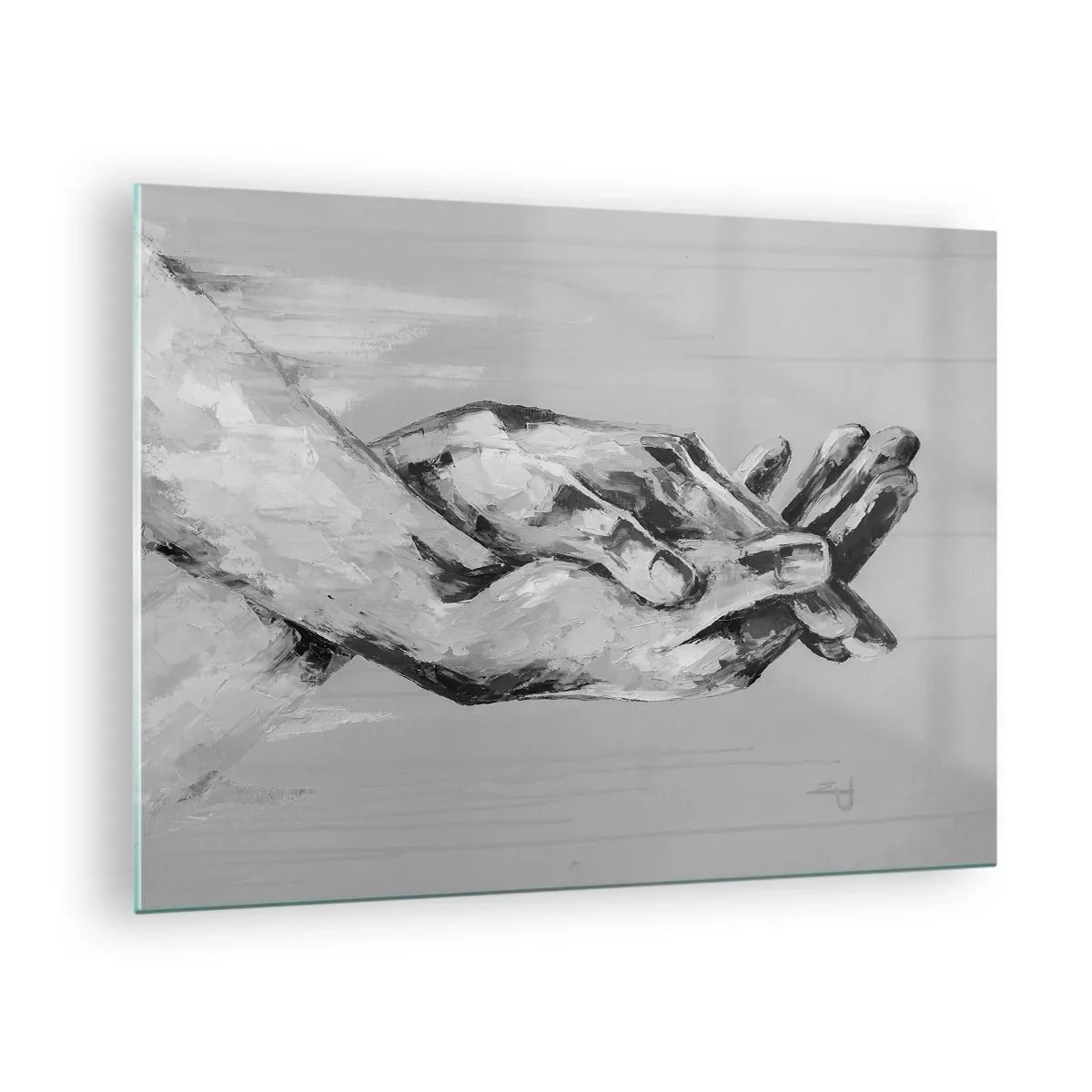Schilderen op glas - Zwart-wit schilderij van twee handen die naar elkaar reiken - 70x50cm - Begin… - Moderne wanddecoratie voor woonkamer en slaapkamer ARTTOR