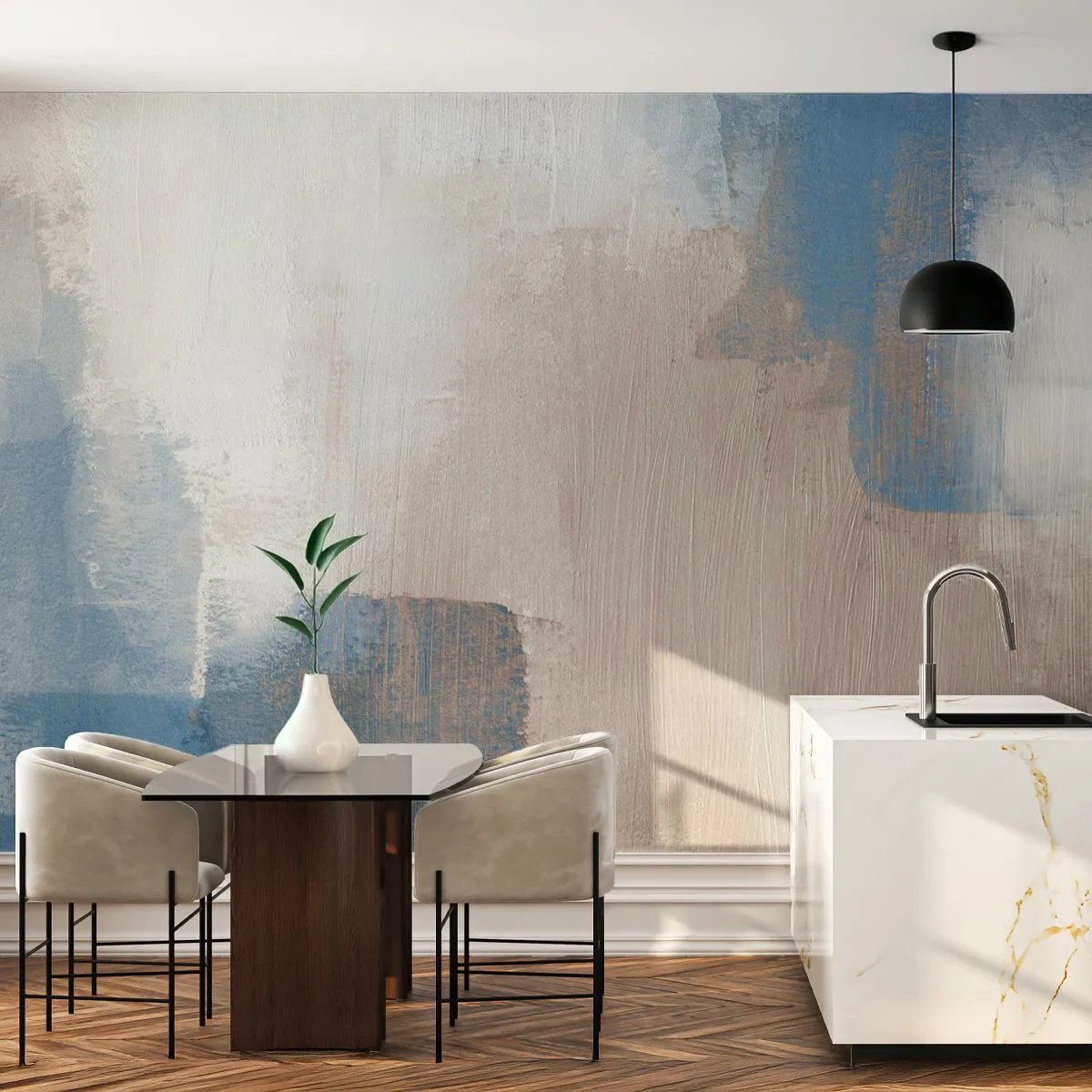 Fotobehang Premium Canvas - Roze abstractie achter een blauw gordijn - Deel, Modern, Verven - 150x105 cm