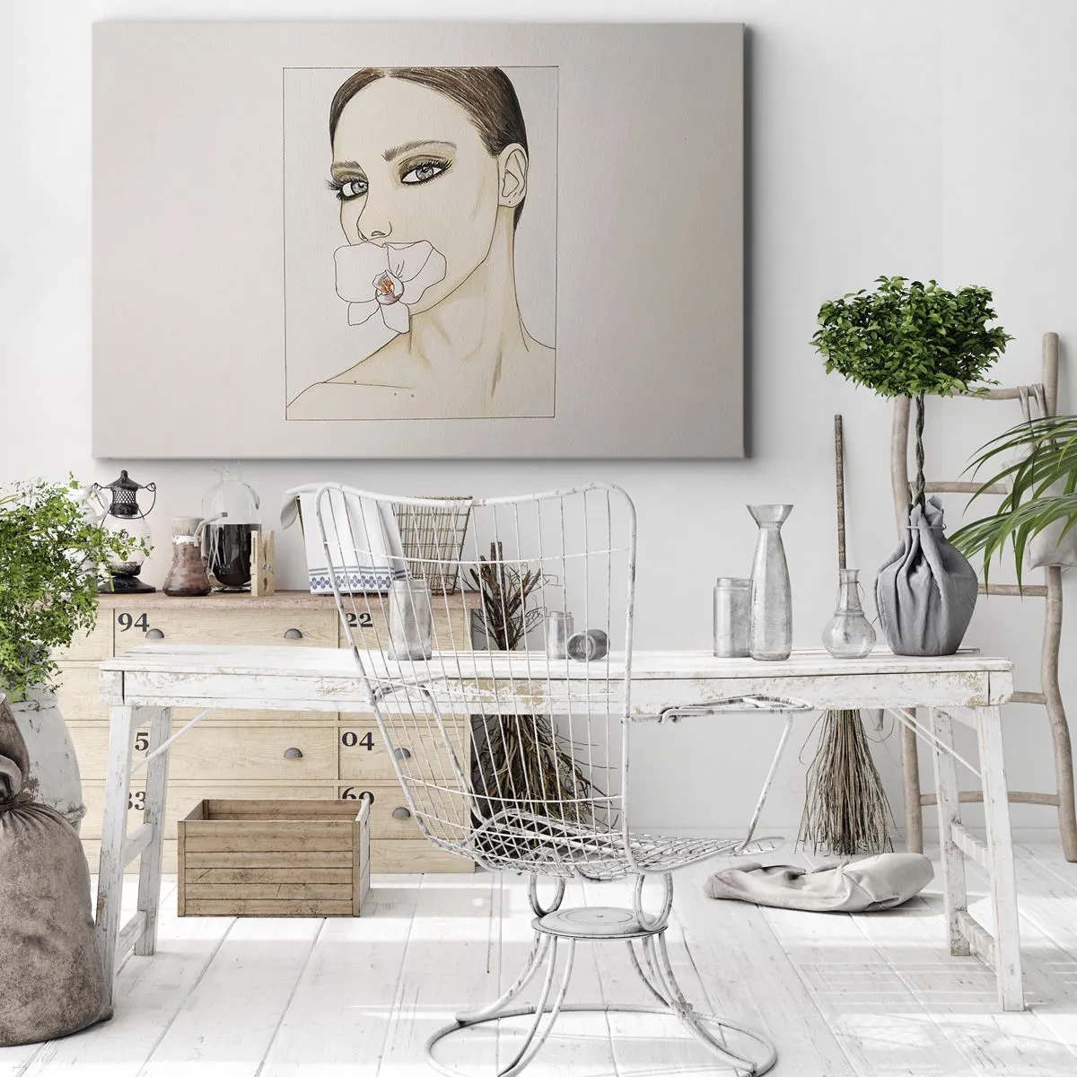 Schilderen op canvas - Portret van een vrouw met een orchidee in delicate kleuren - 70x50cm - Een symbool van elegantie en schoonheid - Moderne wanddecoratie voor woonkamer en slaapkamer ARTTOR