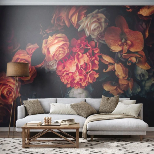 Fotobehang Premium Sand - Zoals bij de Hollandse meesters - Boeket bloemen, Bloemen, Rozen - 100x70 cm
