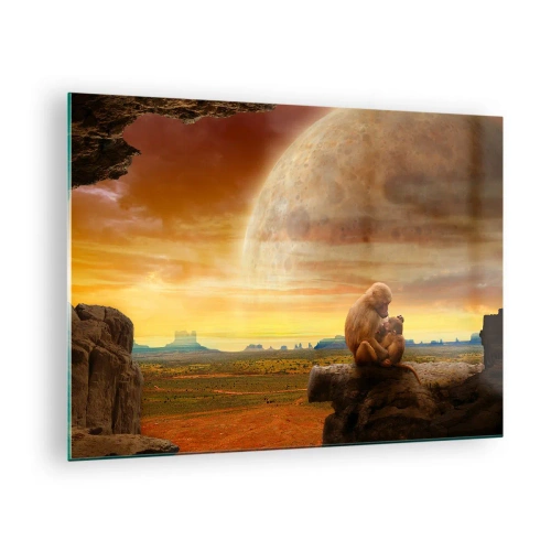Schilderen op glas - Apen zitten op een rots met een enorme maan op de achtergrond - 70x50cm - De liefde is overal hetzelfde - Moderne wanddecoratie voor woonkamer en slaapkamer ARTTOR