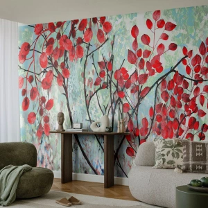 Fotobehang Standard Eco - Abstracte takken met rode bladeren op een lichte achtergrond - 100x70cm - Boom in scharlaken - Moderne wanddecoratie voor woonkamer en slaapkamer ARTTOR