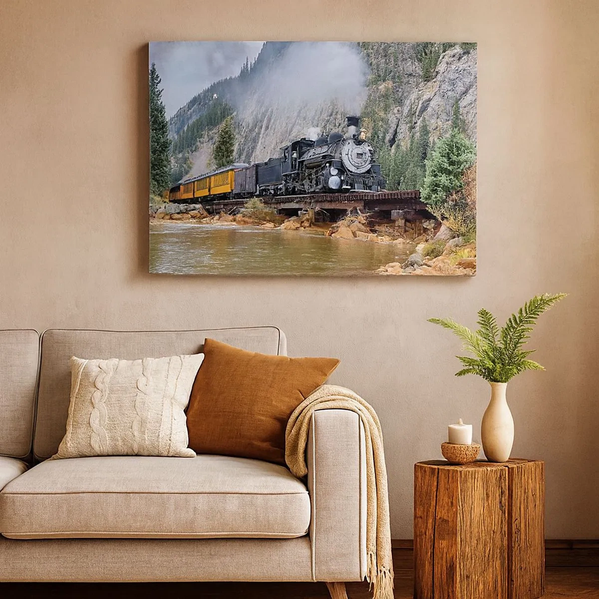 Schilderen op canvas - Een stoomlocomotief op een brug in een schilderachtig berglandschap - 70x50cm - Waar wil je naar toe? Waar naar toe? - Moderne wanddecoratie voor woonkamer en slaapkamer ARTTOR