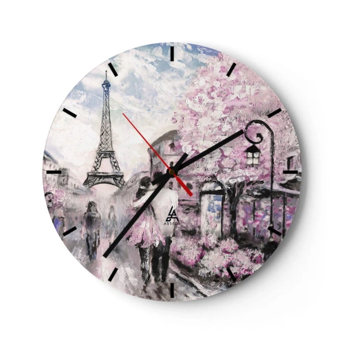Wandklok - Klok - Romantisch uitzicht op Parijs met de Eiffeltoren en bloeiende bomen - 30x30cm - Hoe verliefd te worden is alleen in ... - Moderne wanddecoratie voor woonkamer, keuken en slaapkamer ARTTOR