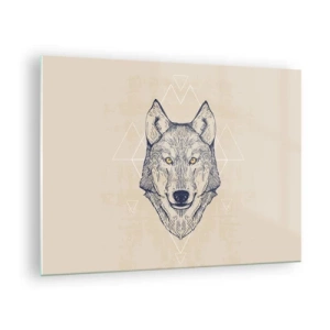 Schilderen op glas - Wolvenkop tegen een achtergrond van geometrische patronen - 70x50cm - Een alfa met een indringende blik - Moderne wanddecoratie voor woonkamer en slaapkamer ARTTOR