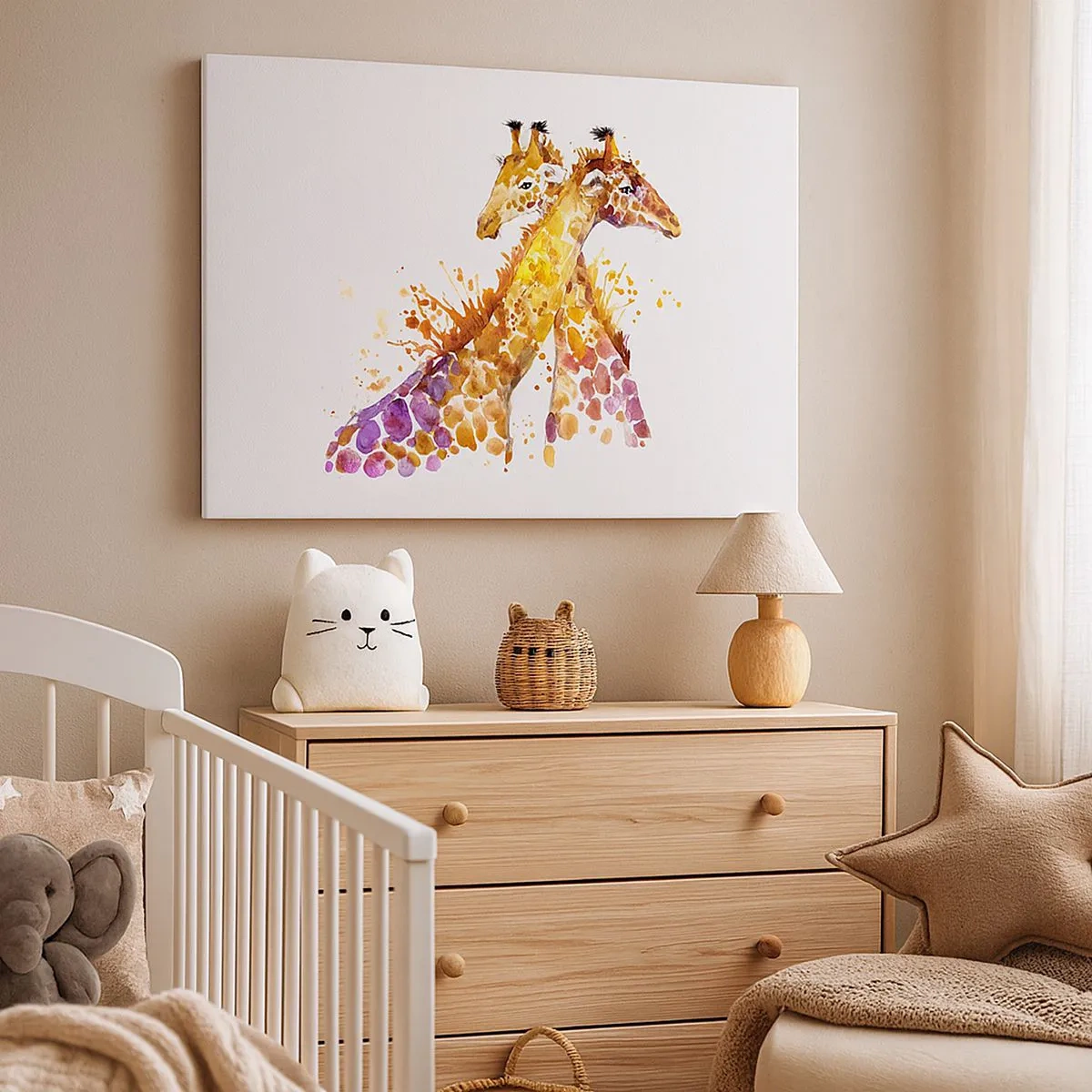 Schilderen op canvas - Aquarel giraffen in kleurrijke tinten - 70x50cm - Is het vriendschap of is het een baby? - Moderne wanddecoratie voor woonkamer en slaapkamer ARTTOR