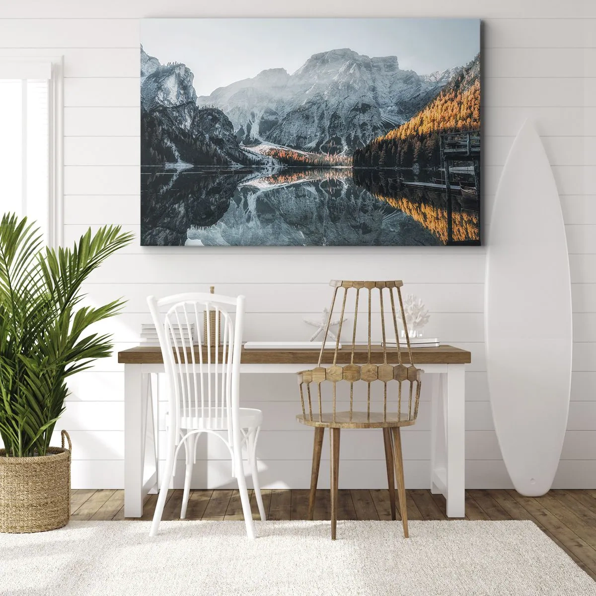 Schilderen op canvas - Een berglandschap weerspiegeld in het kalme oppervlak van een meer - 70x50cm - Spiegel landschap - Moderne wanddecoratie voor woonkamer en slaapkamer ARTTOR