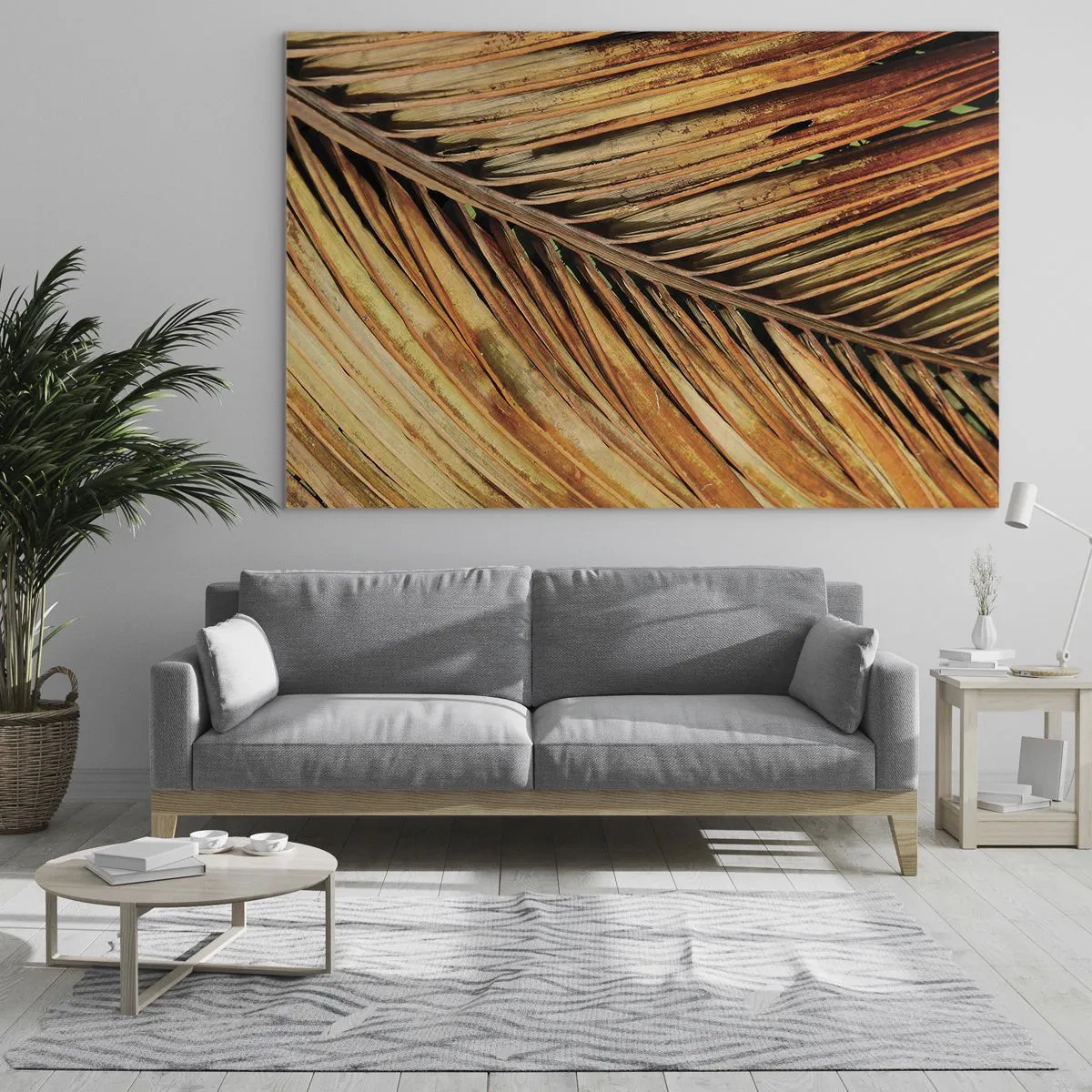 Schilderen op glas - Close-up van droge, gouden palmbladeren - 70x50cm - Kokos goud - Moderne wanddecoratie voor woonkamer en slaapkamer ARTTOR