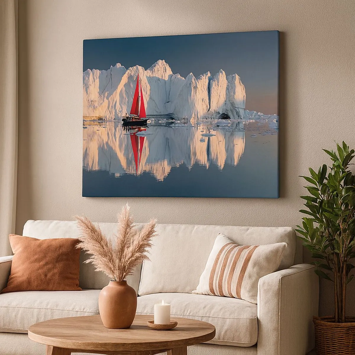 Schilderen op canvas - Een zeilboot met een rood zeil tegen de achtergrond van een gletsjer - 70x50cm - Aan de rand van de wereld - Moderne wanddecoratie voor woonkamer en slaapkamer ARTTOR