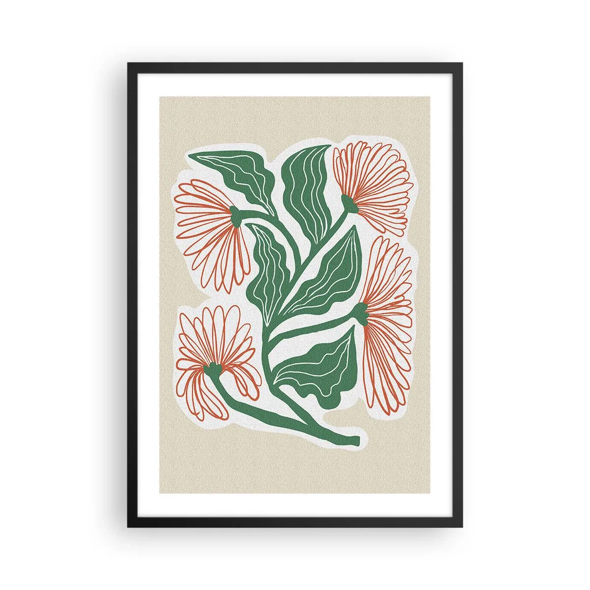 Poster in een zwarte lijst - Abstract bloemen- en bladmotief op een beige achtergrond - 50x70cm - Folk en modern - Moderne wanddecoratie voor woonkamer en slaapkamer ARTTOR