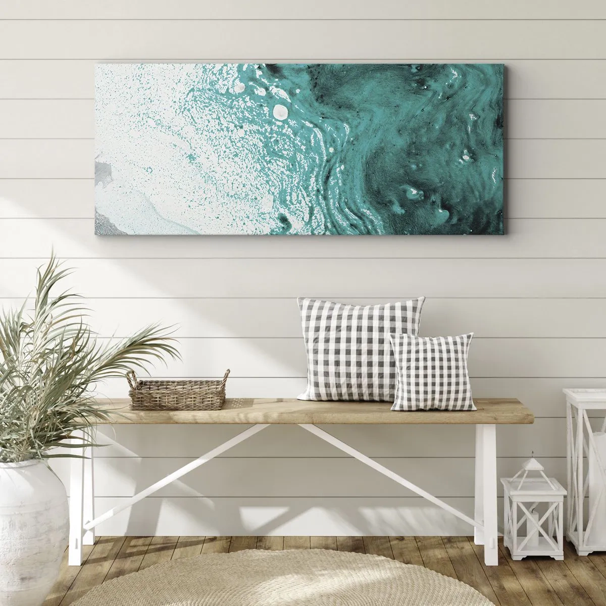 Schilderen op canvas - Versmelten in wit en turkoois - 100x40 cm