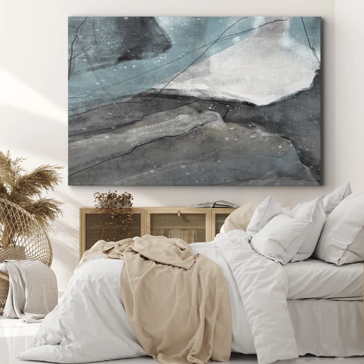 Schilderen op canvas - Abstracte compositie in tinten grijs en blauw - 70x50cm - Abstractie: rotsen en ijs - Moderne wanddecoratie voor woonkamer en slaapkamer ARTTOR