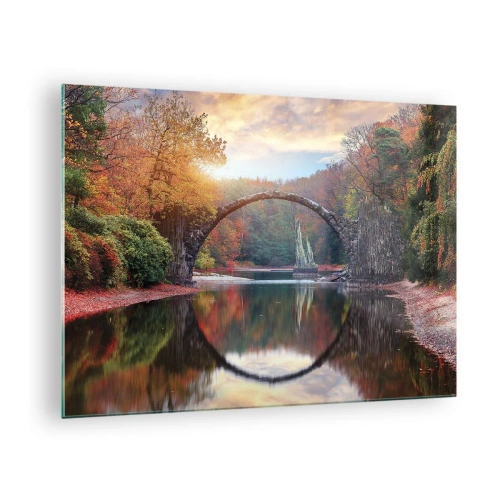 Schilderen op glas - Een stenen brug weerspiegeld in een meer te midden van een herfstbos - 70x50cm - Aan de andere kant van de spiegel - Moderne wanddecoratie voor woonkamer en slaapkamer ARTTOR