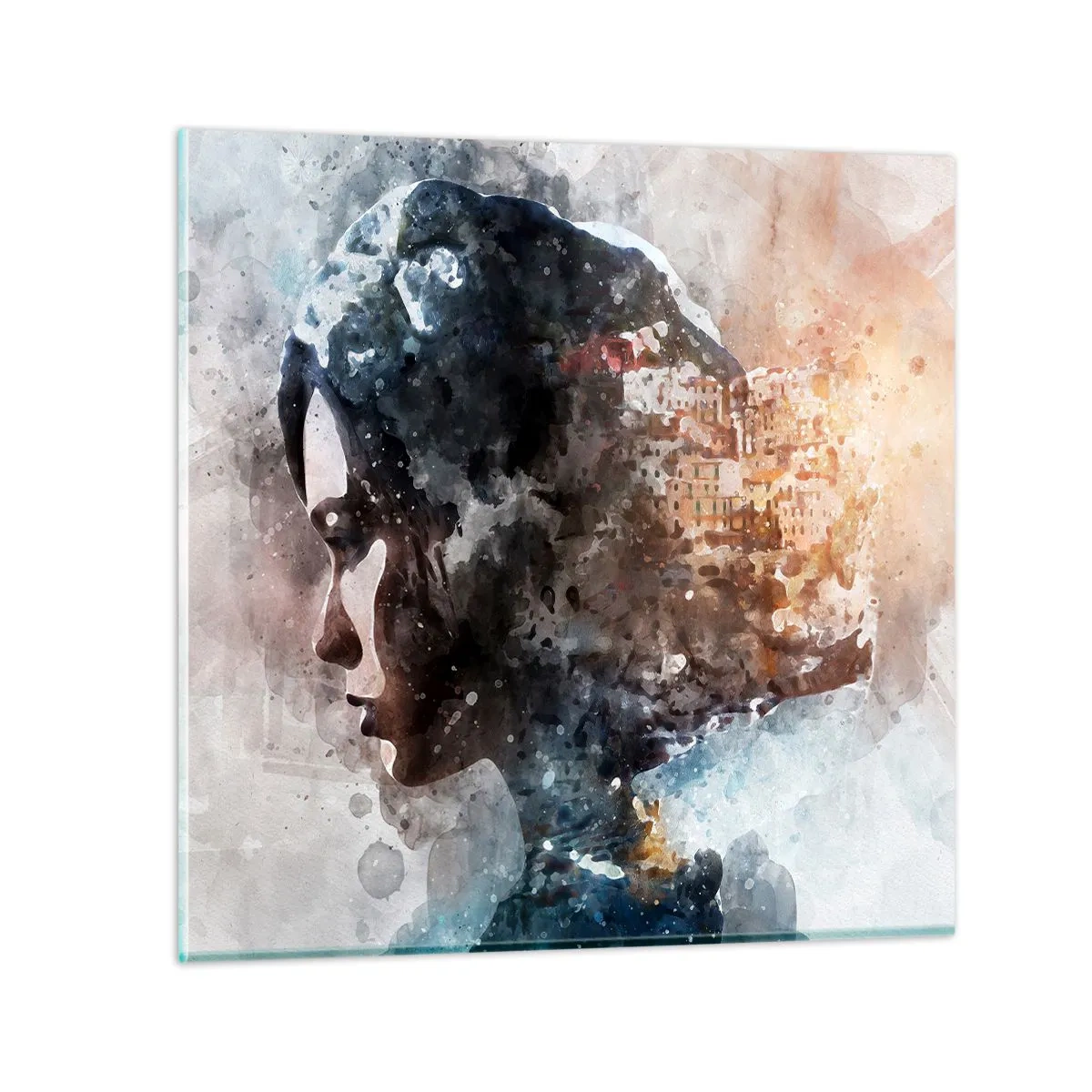 Schilderen op glas - Een verhaal over een meisje met een stad op de achtergrond - 70x70 cm