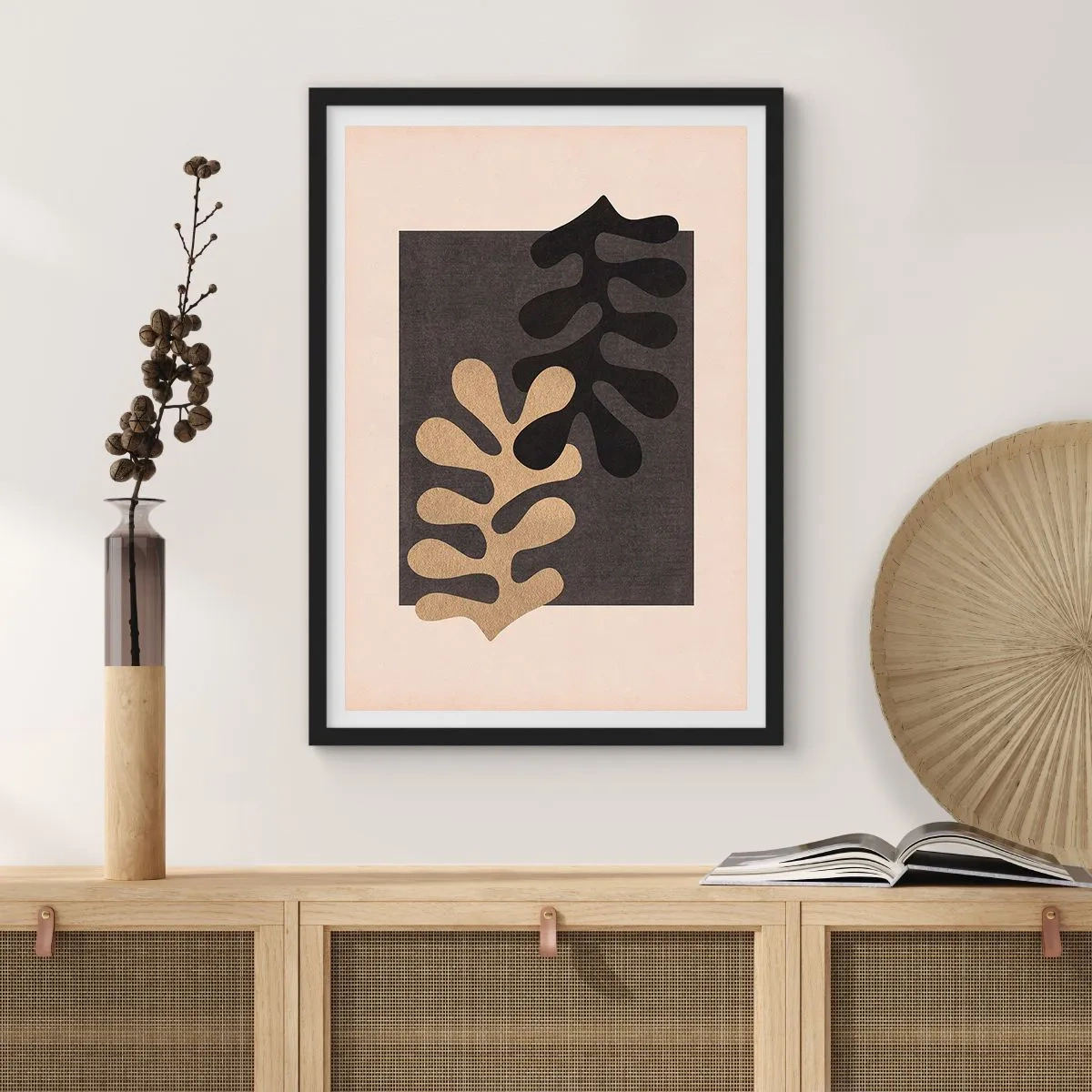 Poster in een zwarte lijst - Minimalistische abstracte afbeeldingen met organische vormen - 50x70cm - Afwezigheid en complement - Moderne wanddecoratie voor woonkamer en slaapkamer ARTTOR