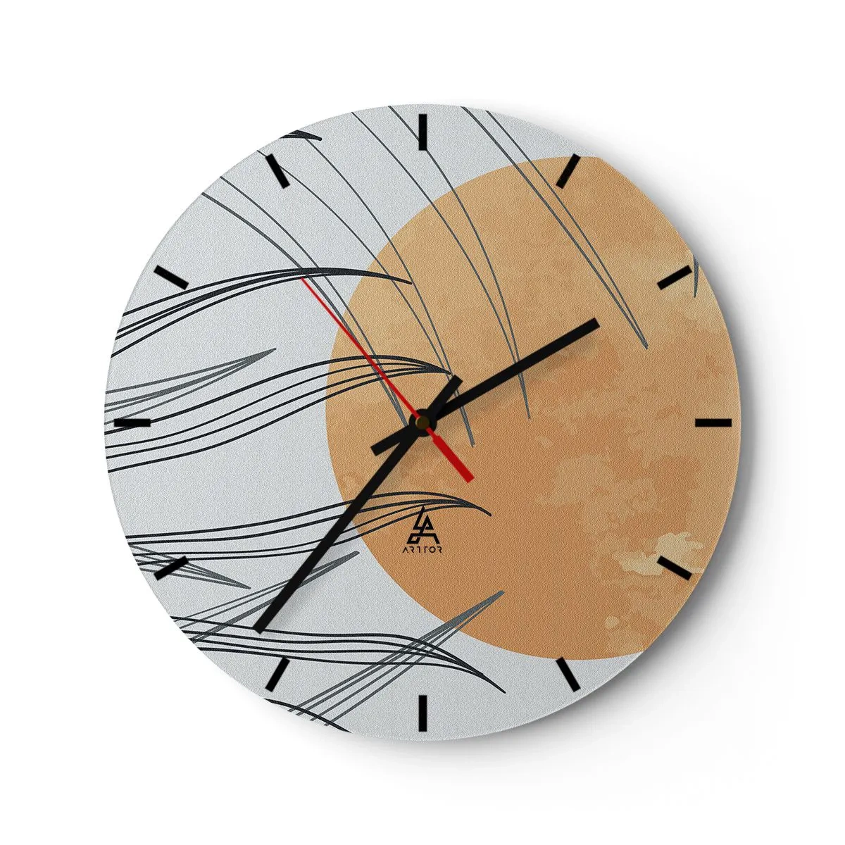 Wandklok - Klok - Grafisch met een oranje cirkel en graslijnen op de achtergrond - 30x30cm - Altijd naar de zon - Moderne wanddecoratie voor woonkamer, keuken en slaapkamer ARTTOR