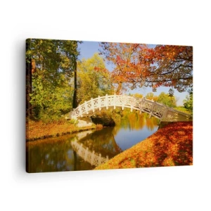 Schilderen op canvas - Een brug in een park, omringd door herfstbladeren, over kalm water - 70x50cm - Op de witte brug der zuchten - Moderne wanddecoratie voor woonkamer en slaapkamer ARTTOR