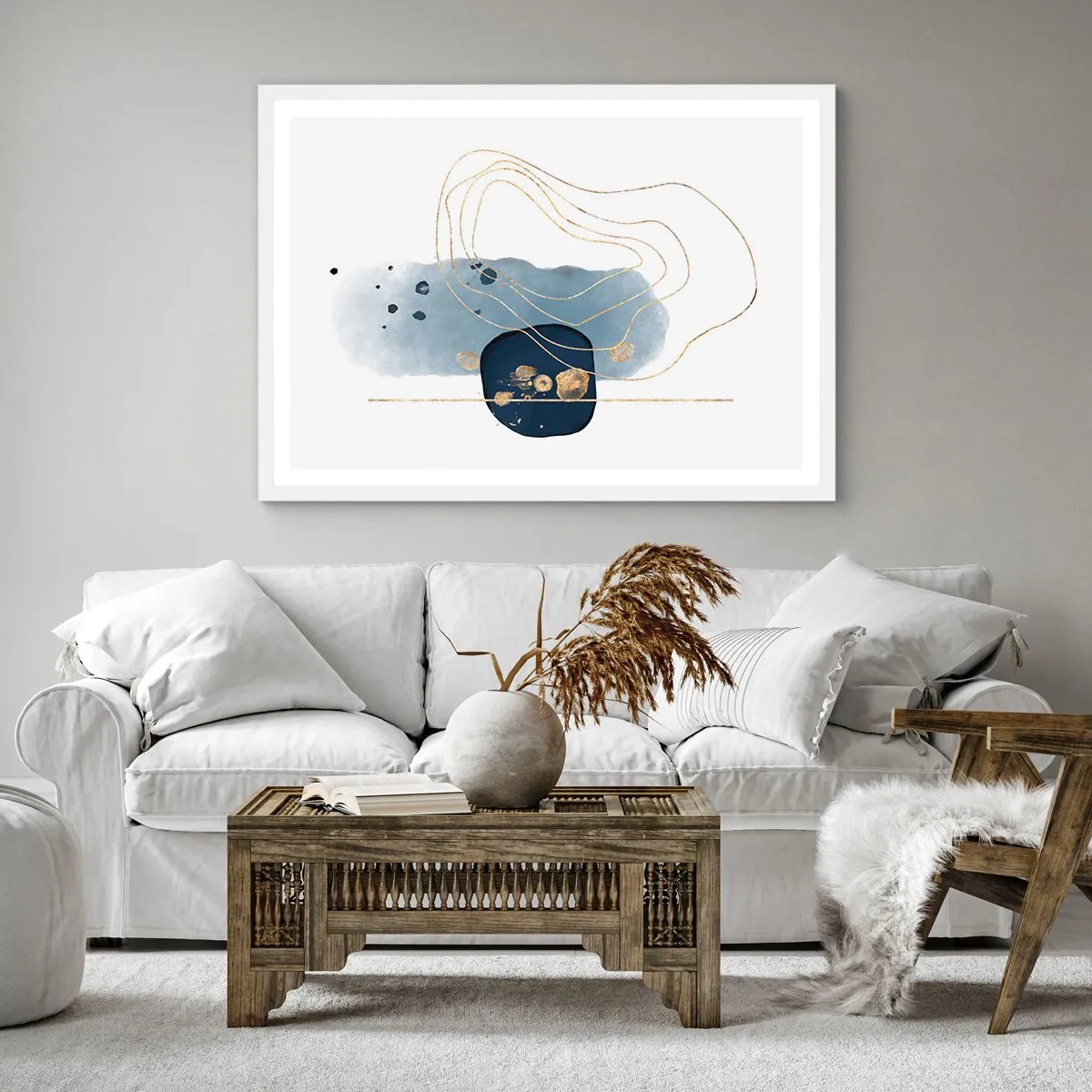 Poster in een witte lijst - Blauw en goud fantasie - 30x30 cm