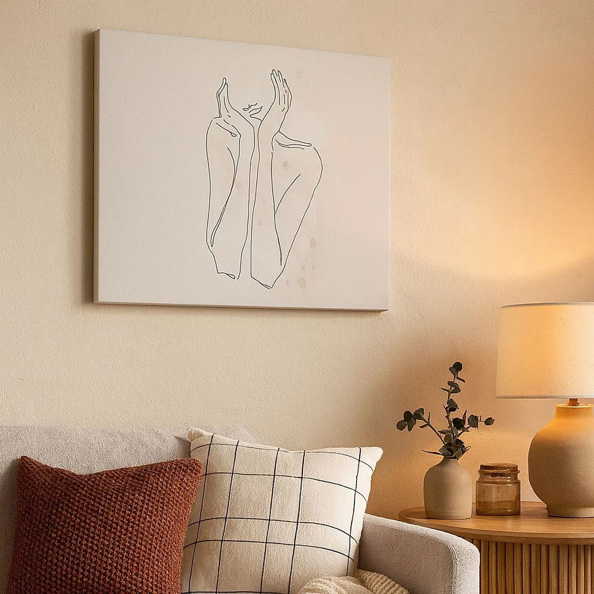 Schilderen op canvas - Contourlijn van de handen van een vrouw op een lichte achtergrond - 70x50cm - Een dromerig moment - Moderne wanddecoratie voor woonkamer en slaapkamer ARTTOR