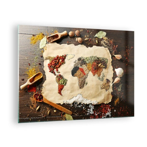 Schilderen op glas - Een wereldkaart met verschillende kruiden op een rustieke achtergrond. - 70x50cm - Alle smaken van de wereld - Moderne wanddecoratie voor woonkamer en slaapkamer ARTTOR