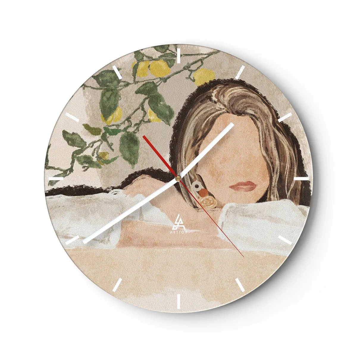 Wandklok - Klok - Een vrouw met lang haar voor een citroenboom - 30x30cm - Zuidelijke schoonheid - Moderne wanddecoratie voor woonkamer, keuken en slaapkamer ARTTOR