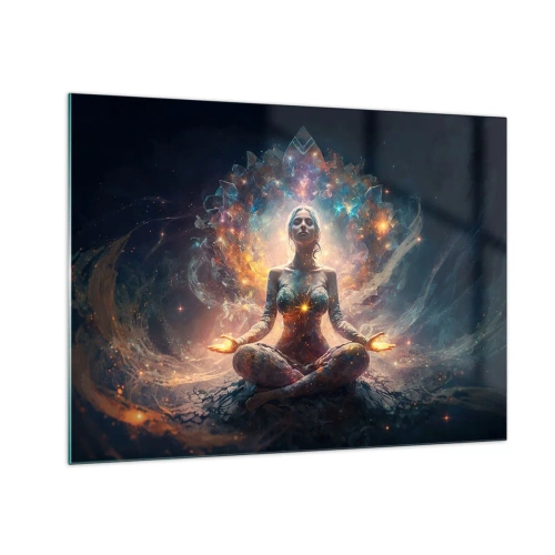 Schilderen op glas - Een mediterende vrouw in een stralende aura van energie en kleur - 70x50cm - Stroom van goede energie - Moderne wanddecoratie voor woonkamer en slaapkamer ARTTOR