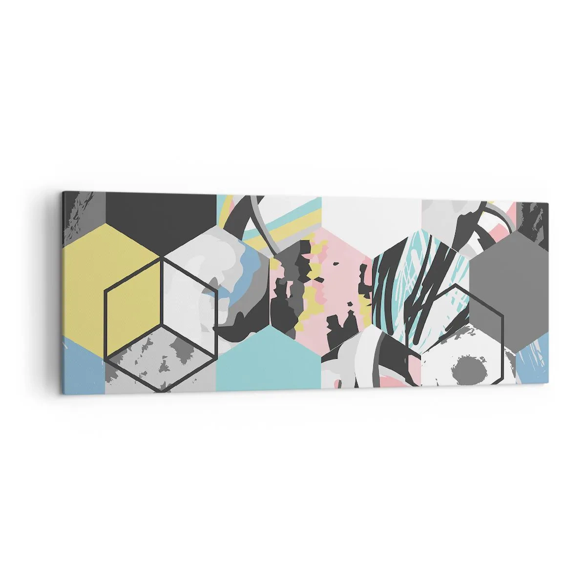 Schilderen op canvas - Zeshoeken en kubussen in zes kleuren - 140x50 cm
