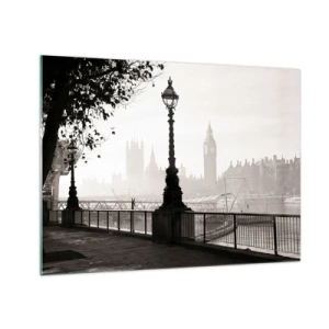 Schilderen op glas - Zwart-witfoto van de promenade van Londen met de Big Ben - 70x50cm - Ochtend in Londen - Moderne wanddecoratie voor woonkamer en slaapkamer ARTTOR