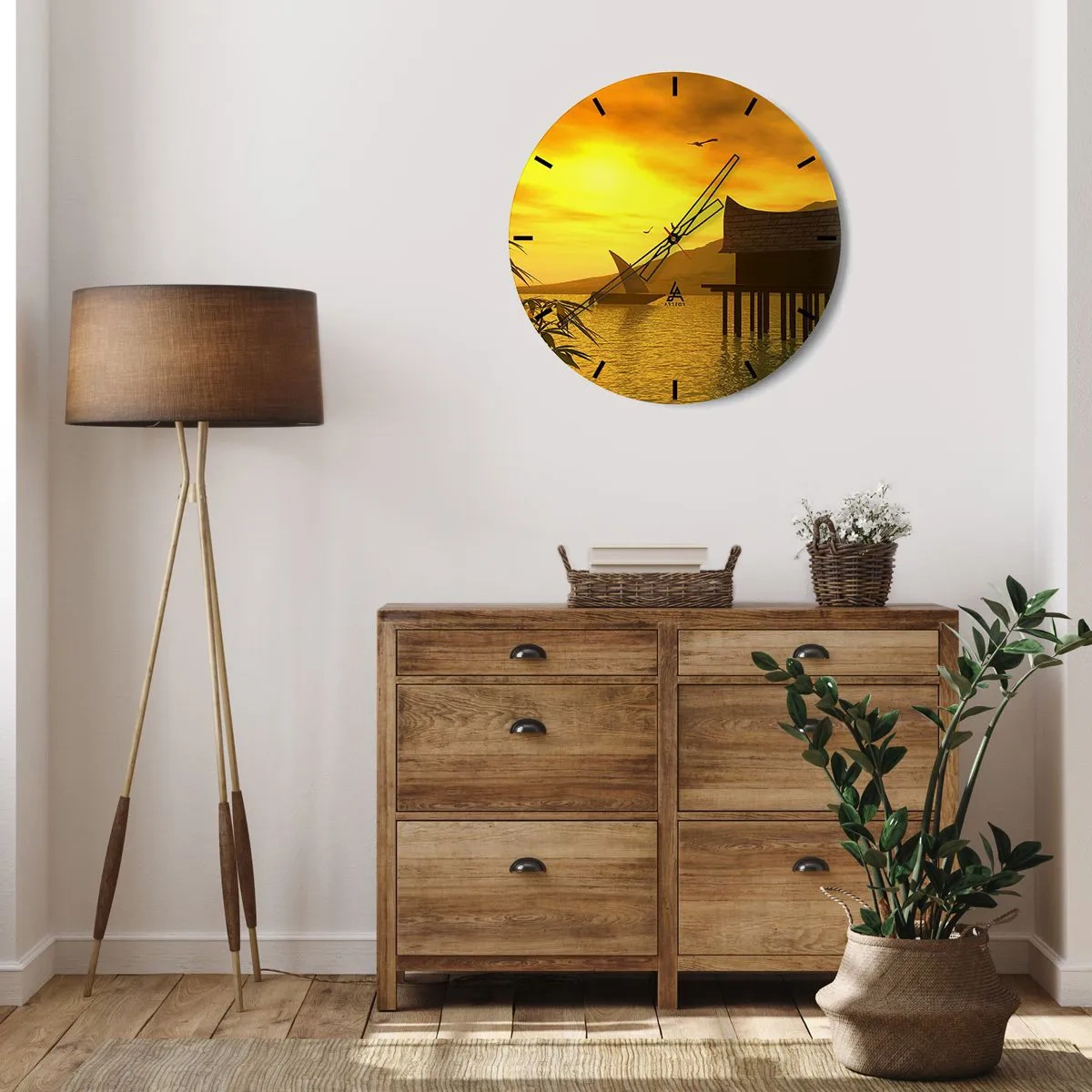 Wandklok - Klok - Zonsondergang boven het meer met een huis op palen - 30x30cm - De verlangde vrede - Moderne wanddecoratie voor woonkamer, keuken en slaapkamer ARTTOR