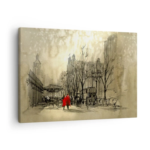Schilderen op canvas - Een rode figuur in een nostalgische stedelijke omgeving - 70x50cm - Een date in de Londense mist - Moderne wanddecoratie voor woonkamer en slaapkamer ARTTOR