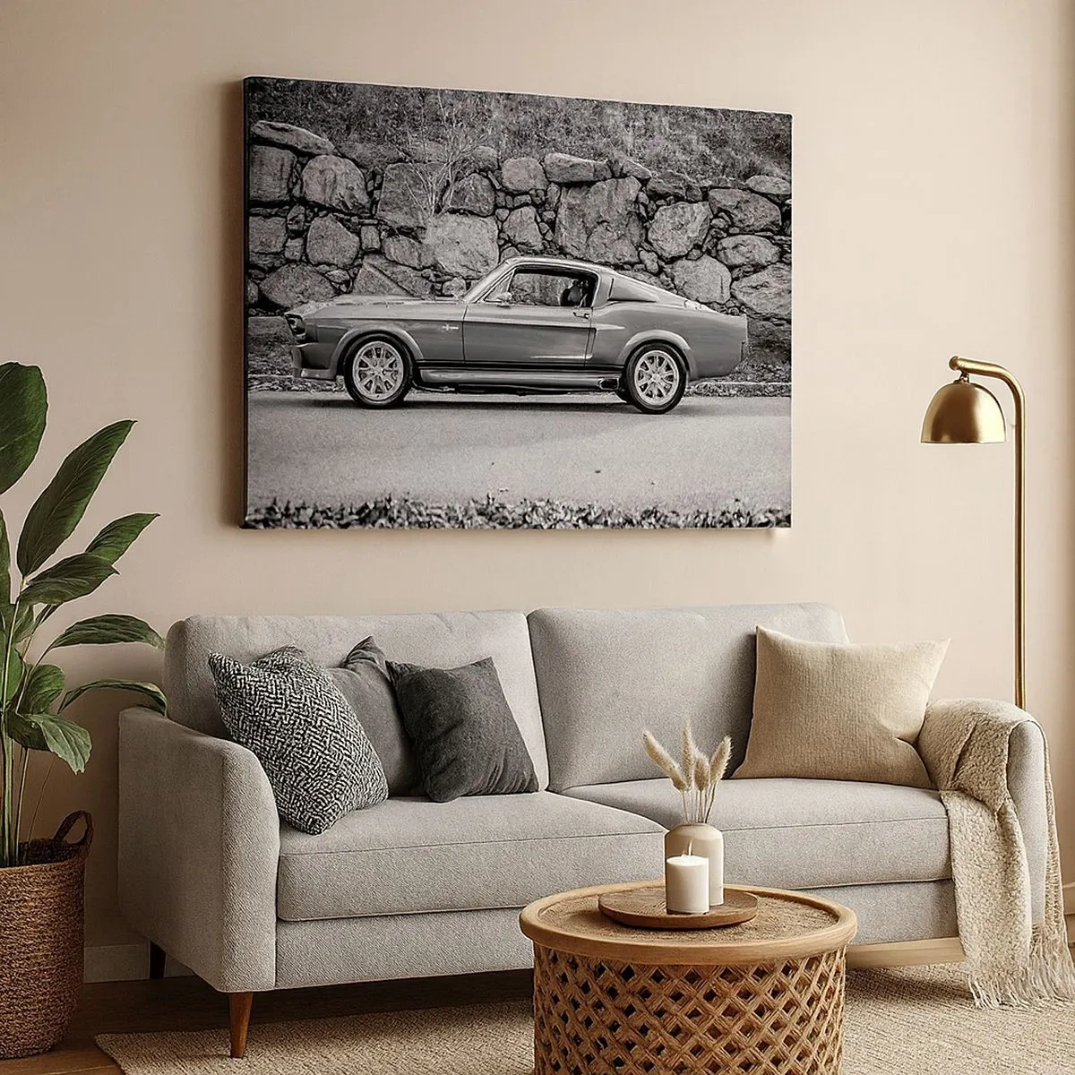 Schilderen op canvas - Zwart-witfoto van een klassieke auto - 70x50cm - De legende van de jaren 60 - Moderne wanddecoratie voor woonkamer en slaapkamer ARTTOR