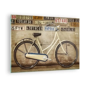 Schilderen op glas - Een oude fiets tegen een muur met kentekenplaten - 70x50cm - Zonder complexen - Moderne wanddecoratie voor woonkamer en slaapkamer ARTTOR