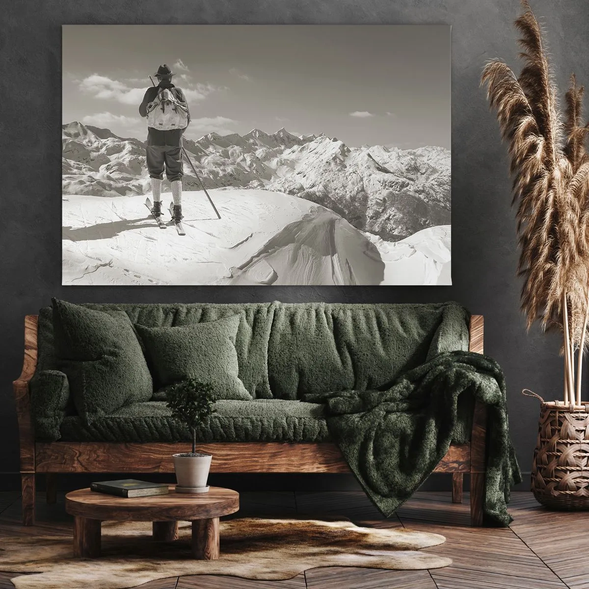Schilderen op canvas - Een skiër op de top van een berg in zwart-wit - 70x50cm - En de bergen blijven onveranderd - Moderne wanddecoratie voor woonkamer en slaapkamer ARTTOR