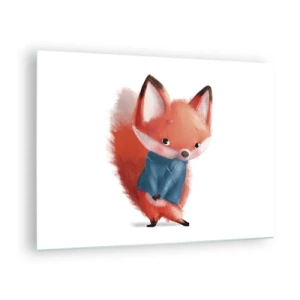 Schilderen op glas - Een schattige vos in een blauwe trui op een witte achtergrond - 70x50cm - Past het bij me? - Moderne wanddecoratie voor woonkamer en slaapkamer ARTTOR