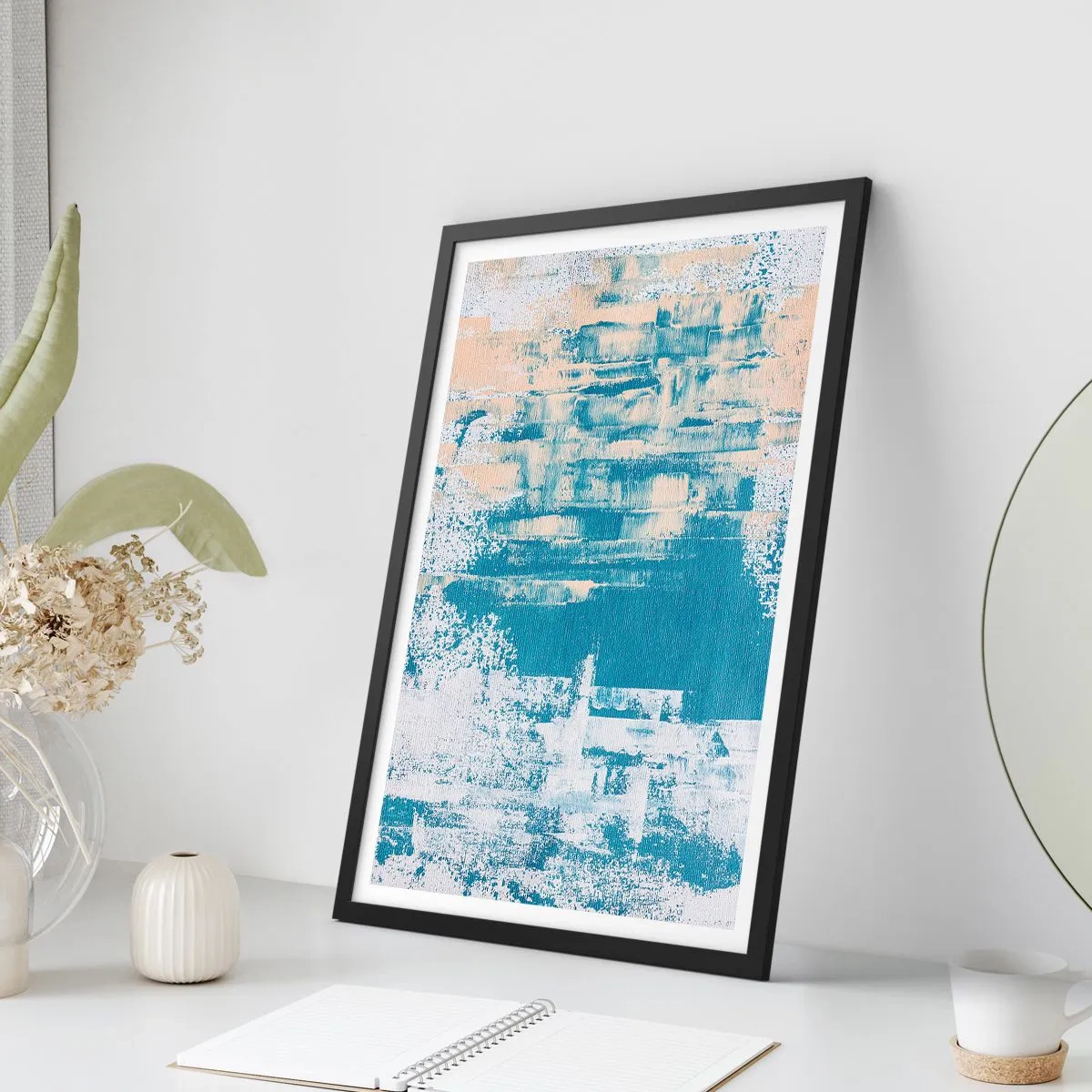 Poster in een zwarte lijst - Abstracte textuur in tinten blauw en beige - 50x70cm - Door een ijspegel - Moderne wanddecoratie voor woonkamer en slaapkamer ARTTOR