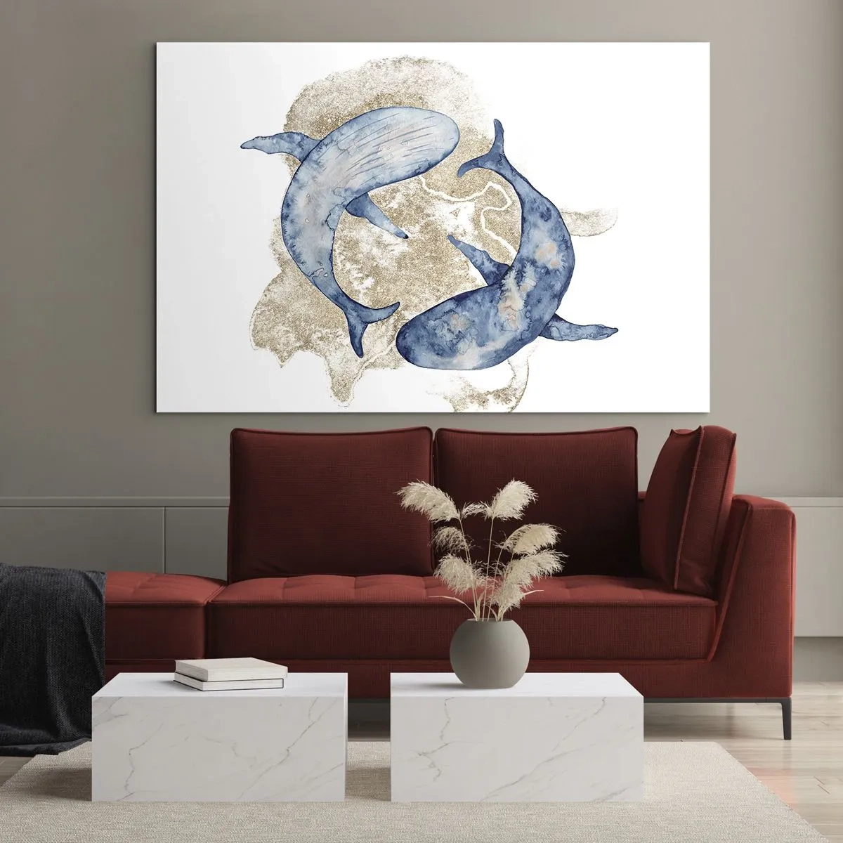 Schilderen op glas - Twee blauwe vinvissen tegen een achtergrond van abstracte gouden vlekken - 70x50cm - Vriendschap of liefde? - Moderne wanddecoratie voor woonkamer en slaapkamer ARTTOR