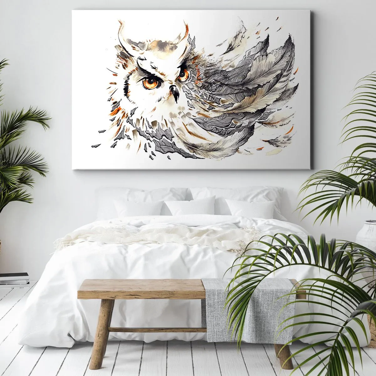 Schilderen op canvas - Een uil met mystieke veren in een artistieke aquarelvorm - 70x50cm - Ze kwam uit de wereld van magie - Moderne wanddecoratie voor woonkamer en slaapkamer ARTTOR