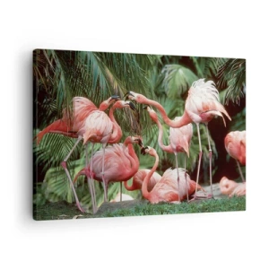 Schilderen op canvas - Een groep flamingo's in een tropische omgeving, omringd door palmbomen - 70x50cm - Middag roddels - Moderne wanddecoratie voor woonkamer en slaapkamer ARTTOR